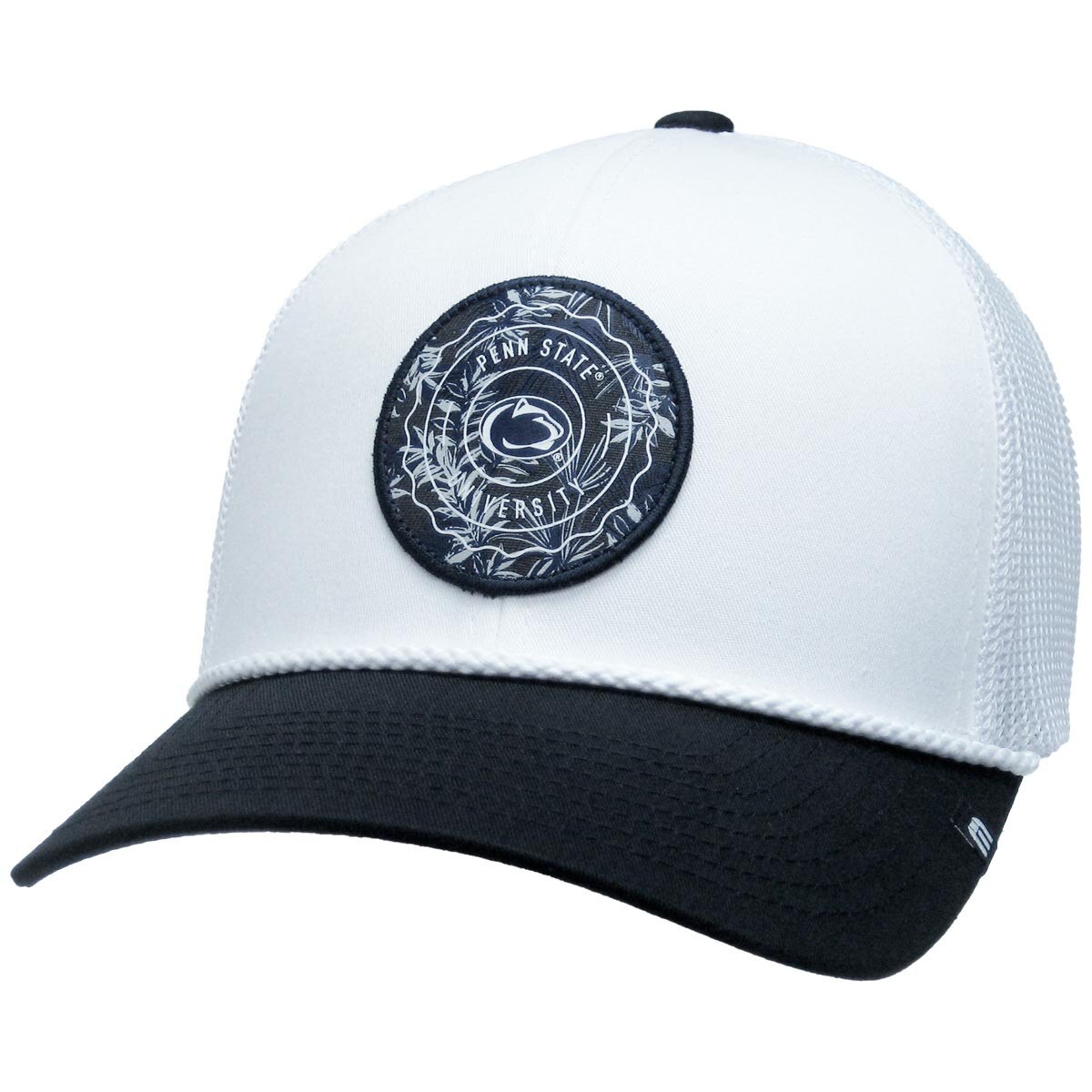 white TravisMathew hat with Penn State University patch and navy brim